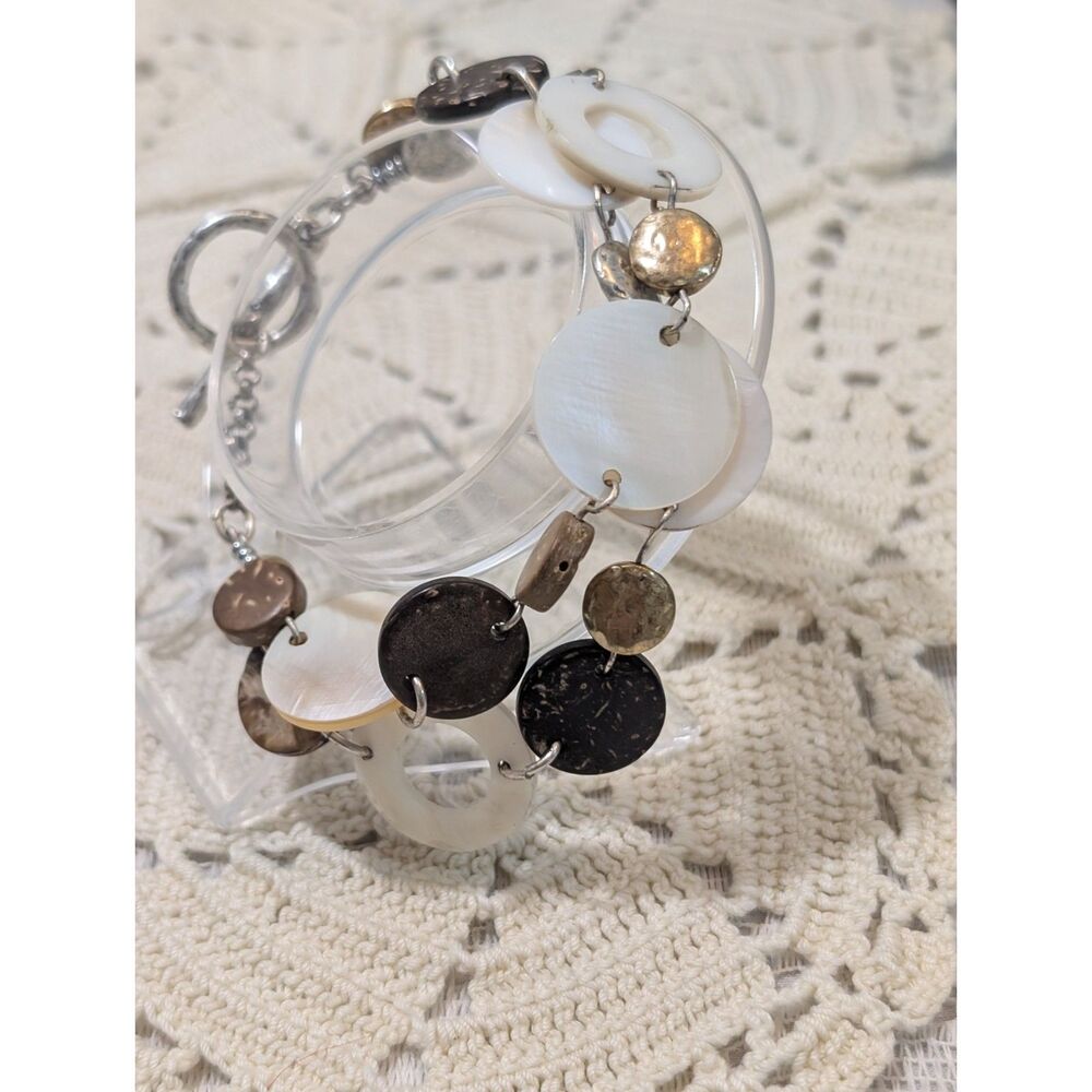 Boho Mother of Pearl Shell Bracelet Coconut Disc Toggle Multi Strand Coastal